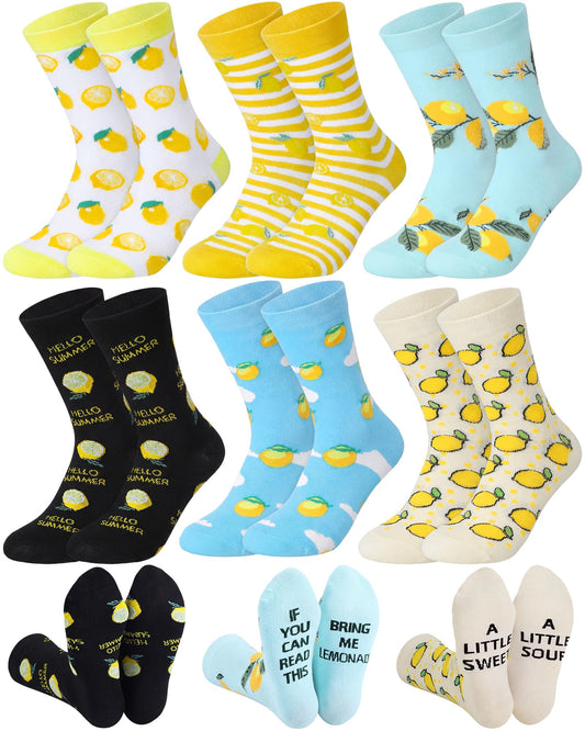 Skicuff 6 Pairs Funny Lemon Socks for Women Girls Lemon Themed Gifts Novelty Fruit Casual Crew Socks with Humor Sayings for Summer Fruit Party Favors Mother's Day Birthday Gifts