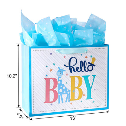 ROSYJUNE 13" Large Baby Gift Bag with Tissue Paper and Greeting Card for Baby Shower, Birthday
