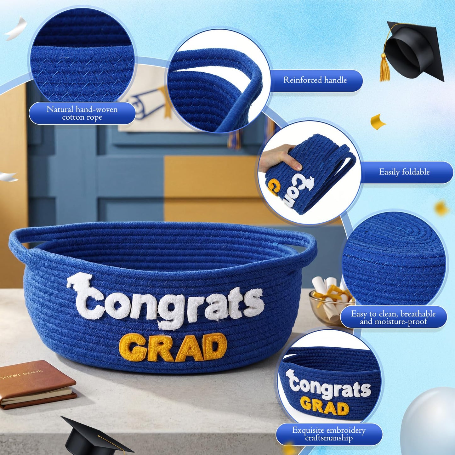 Yungyan Class of 2026 Graduation Gift Basket Empty, Small Cute Woven Rope Basket with Congrats Grad Words 12 x 8 x 5 Inch Decorative Graduation Gift Storage Baskets for College, University, PHD(Blue)