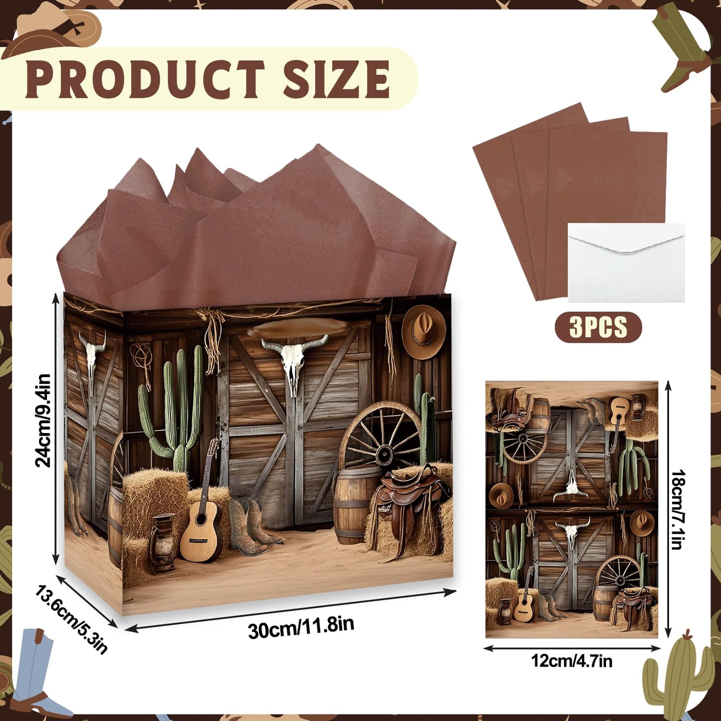 SUNDECO Cowboy Gift Bags - Wild West Party Favors with Tissue Paper & Greeting Cards for Birthday, Rodeo, Baby Shower - Western Theme Party Supplies for Kids, Cowboy Decorations