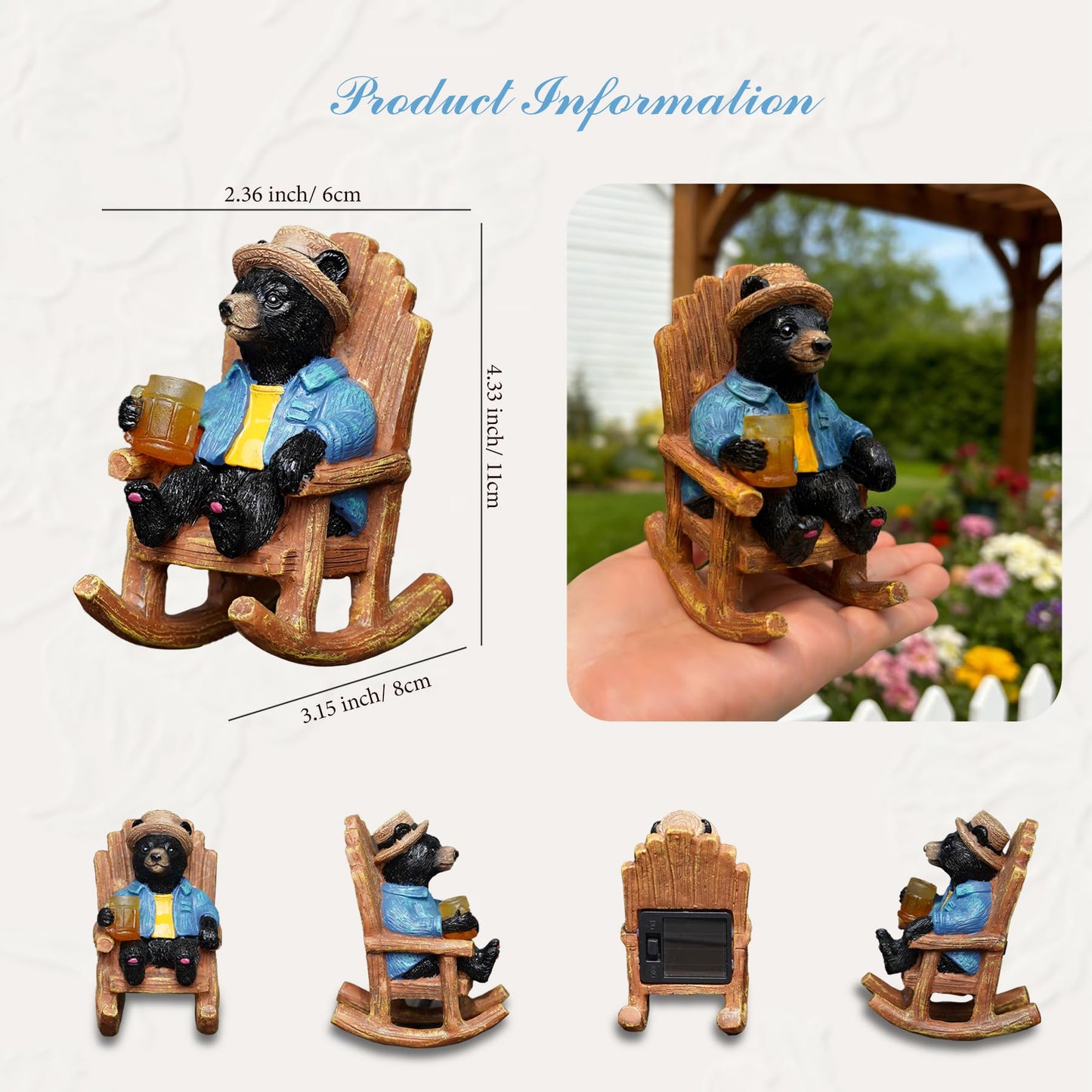 4.3" Miniature Solar Black Bear Garden Statue - Small Funny Bear in Rocking Chair with Glowing Beer Mug, Whimsical Outdoor Figurine for Patio & Desktop, Unique Birthday Gift for Dad/Men