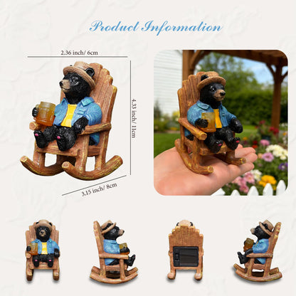 4.3" Miniature Solar Black Bear Garden Statue - Small Funny Bear in Rocking Chair with Glowing Beer Mug, Whimsical Outdoor Figurine for Patio & Desktop, Unique Birthday Gift for Dad/Men
