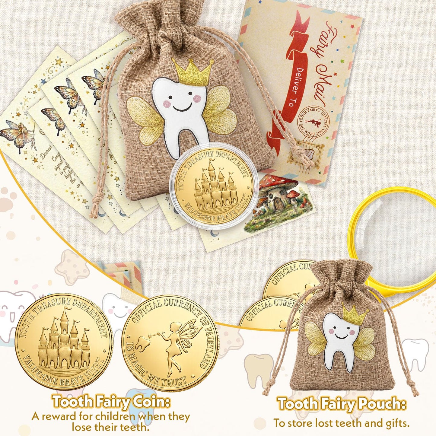 Kenning 25 Pcs Tooth Fairy Kit Gifts - Complete Lost Tooth Gift Set with Magical Letters, Gold Coin, Burlap Pouch, Envelope and Mini Magnifier, Keepsake for Lost Teeth