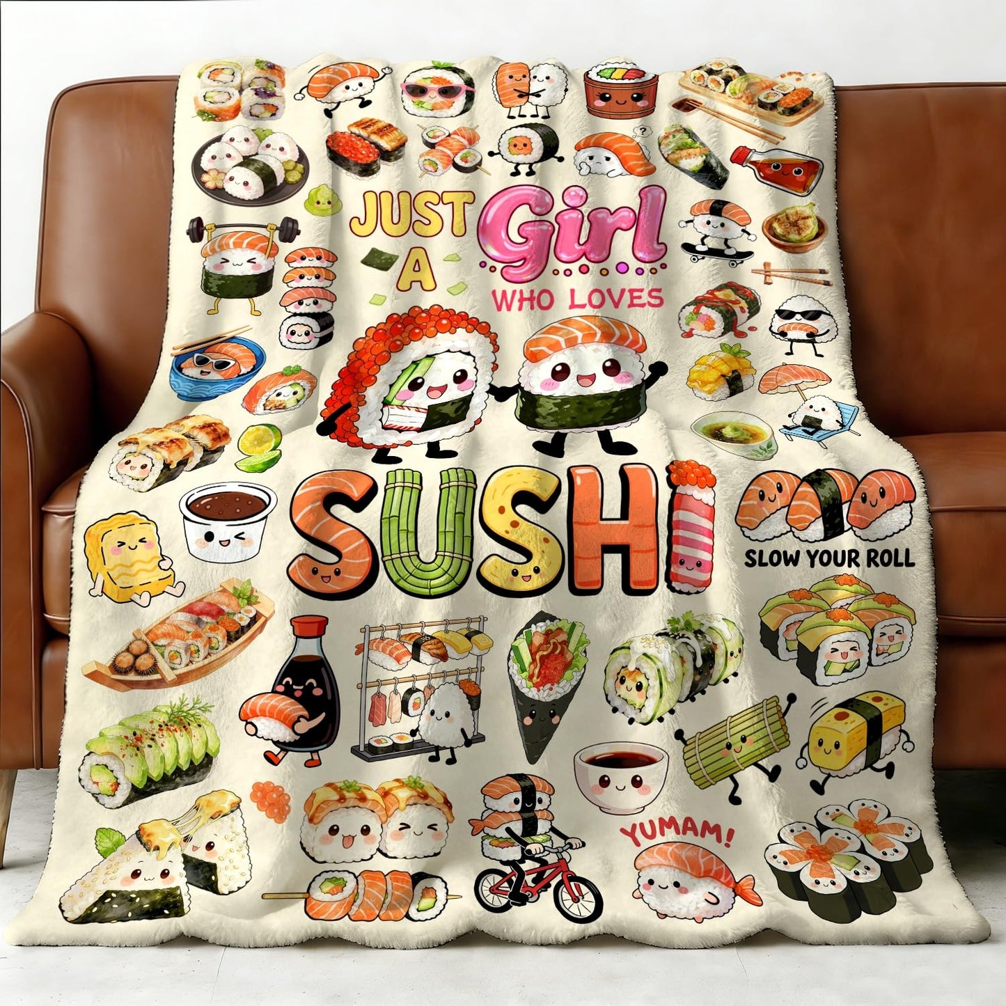 Sushi Blanket Gifts Soft Flannel Sushi Loves Throw Blanket Cute Food Themed Bedding Dceor for Women Girls Kids Adults 50"x40"