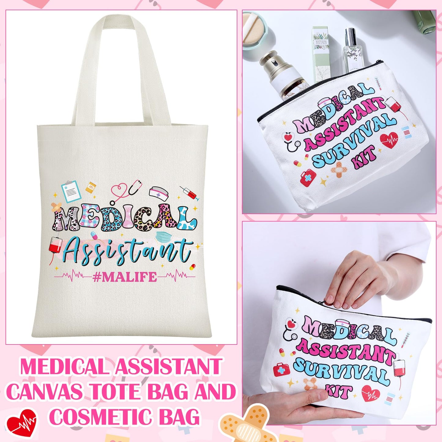 Mimorou 6 Pcs Medical Assistant Gift Set for Women Canvas Tote Bag Cosmetic Bag 16oz Glass Cup Pink Glitter Badge Reel Novelty Socks Unique Appreciation Gifts for Medical Assistants Nurse Week
