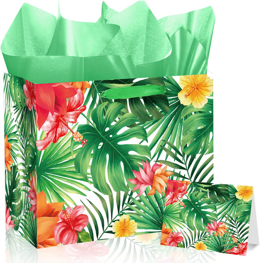 Luau Hawaiian Gift Bag Aloha Tropical Birthday Wrapping Paper Bag with Tissue Paper and Greeting Card Summer Palm Leaves Goodie Treat Bags for Baby Showers Birthday Hawaii Party Decor Supplies