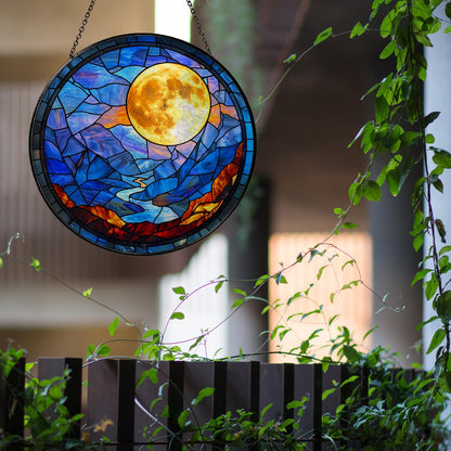 Full Moon Stained Glass Suncatcher, Celestial Window Hanging Decor with Lunar Crater Details, 7.87 Inch Sun Catchers Indoor Window, Mystical Night Sky Gift for Moon Lovers, Women, Men