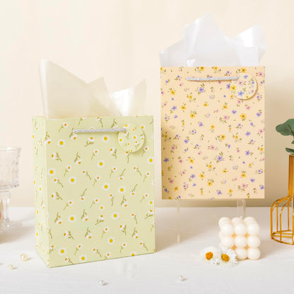 Crisky Bags for Small Business, 4 Pack Medium Gift Bags with Handles, Wildflower Floral Wedding Gift Bag Medium Size Goodie Bags with Tissue Paper for Bridal Shower, Engagement, Birthday, Graduation