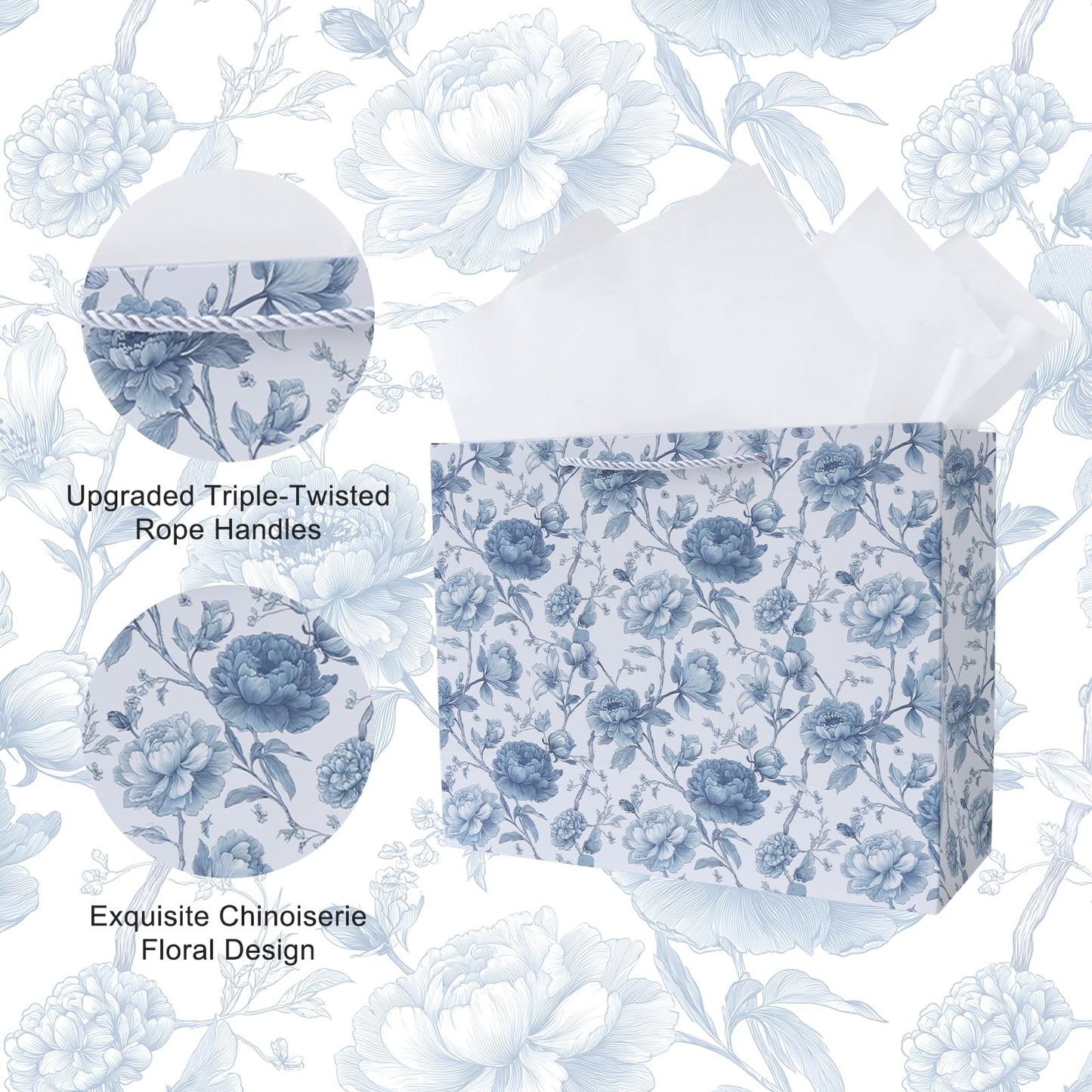 JAYTEM Bridal Shower Gift Bag, 13" Blue and White Large Wedding Gift Bag with Tissue Paper Greeting Card Tag Envelope, Chinoiserie Peony Floral Elegant Gift Bags for Women, Anniversary, Mother's Day, Birthday, Christmas
