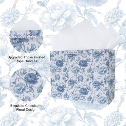 JAYTEM Bridal Shower Gift Bag, 13" Blue and White Large Wedding Gift Bag with Tissue Paper Greeting Card Tag Envelope, Chinoiserie Peony Floral Elegant Gift Bags for Women, Anniversary, Mother's Day, Birthday, Christmas