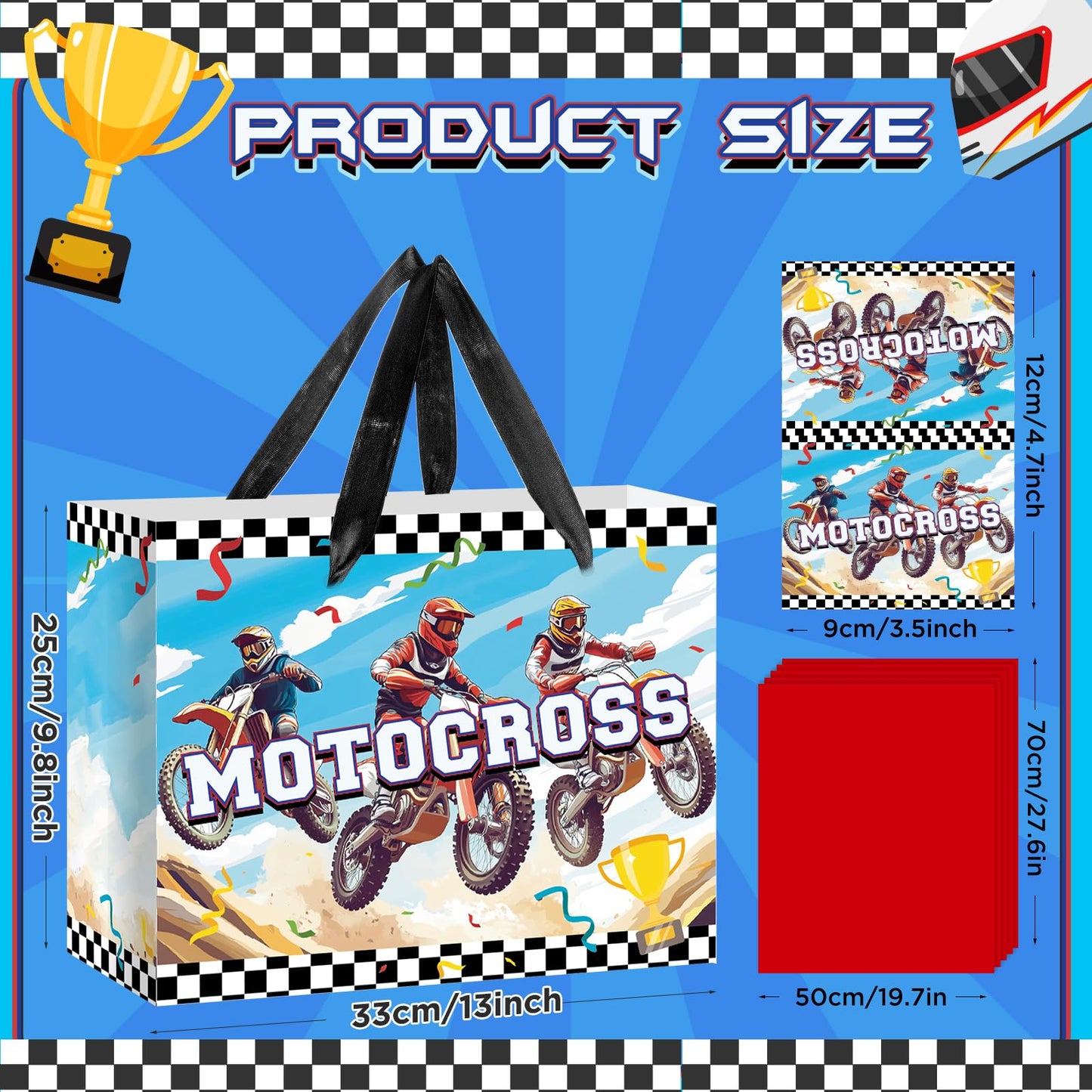 Woosytoo Dirt Bike Gift Bag for Boys Motocross Birthday Wrapping Bag with Tissue Paper and Card Motorcycle Birthday Decorations for Baby Shower Dirt Bike Theme Party Bday Funny Games Party Supplies