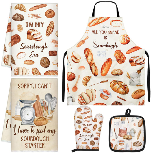 Hahafelt 5 Pcs Sourdough Baking Gifts Include Sourdough Bread Towels Apron Oven Mitt Pot Holder for Baker Bread Mom Sister Wife Aunt Lover