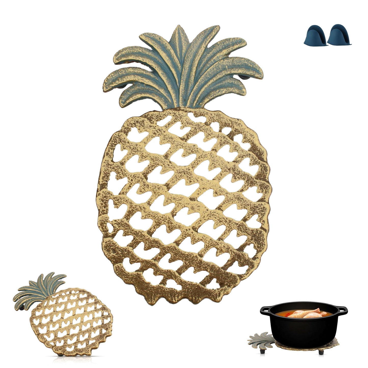 Cast Iron Trivets for Hot Dishes, Pineapple-Shaped Metal Trivets for Kitchen and Dining Protection, Decorative Tirvets with Pinch Mitts, Rubber Pegs