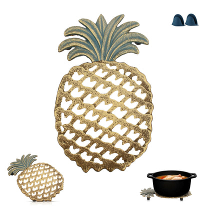 Cast Iron Trivets for Hot Dishes, Pineapple-Shaped Metal Trivets for Kitchen and Dining Protection, Decorative Tirvets with Pinch Mitts, Rubber Pegs