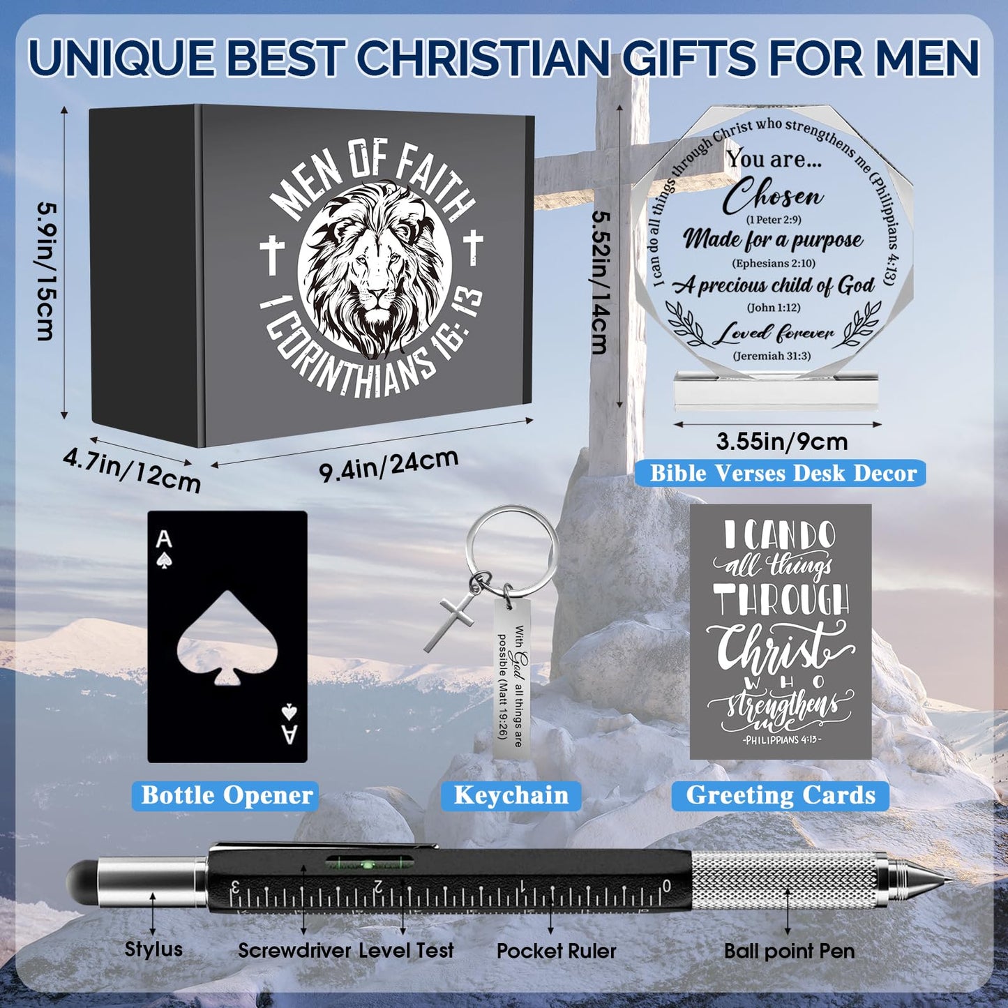 JTAMOHI 10 Pcs Christian Gifts for Men Faith, Inspirational Religious Gifts, Catholic Gift with 20 Oz Tumbler Bible Verses Crystal Plaque Hat Socks Bracelet for Husband, Dad, Grandpa, Friends