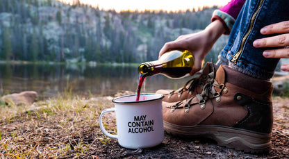 MAY CONTAIN ALCOHOL | Enamel"Coffee" Mug | Sarcastic Gift for Vodka, Gin, Bourbon, Wine and Beer Lovers | Great Office or Camping Cup for Dads, Moms, Campers, Tailgaters, Drinkers, and Travelers