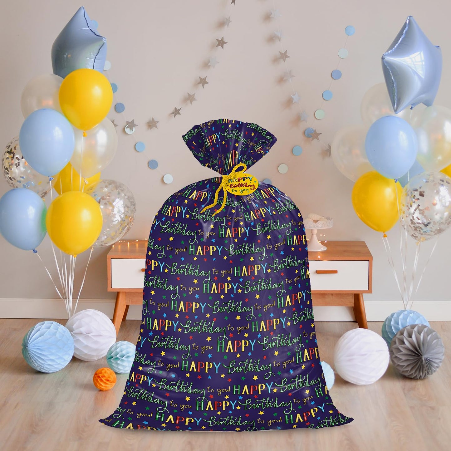 WRAPAHOLIC 56" Large Birthday Plastic Gift Bag - Colorful Happy Birthday and Stars Jumbo Bike Bag Gift Wrap for Kids Birthdays, Parties, Celebrating - 56" H x 36" W