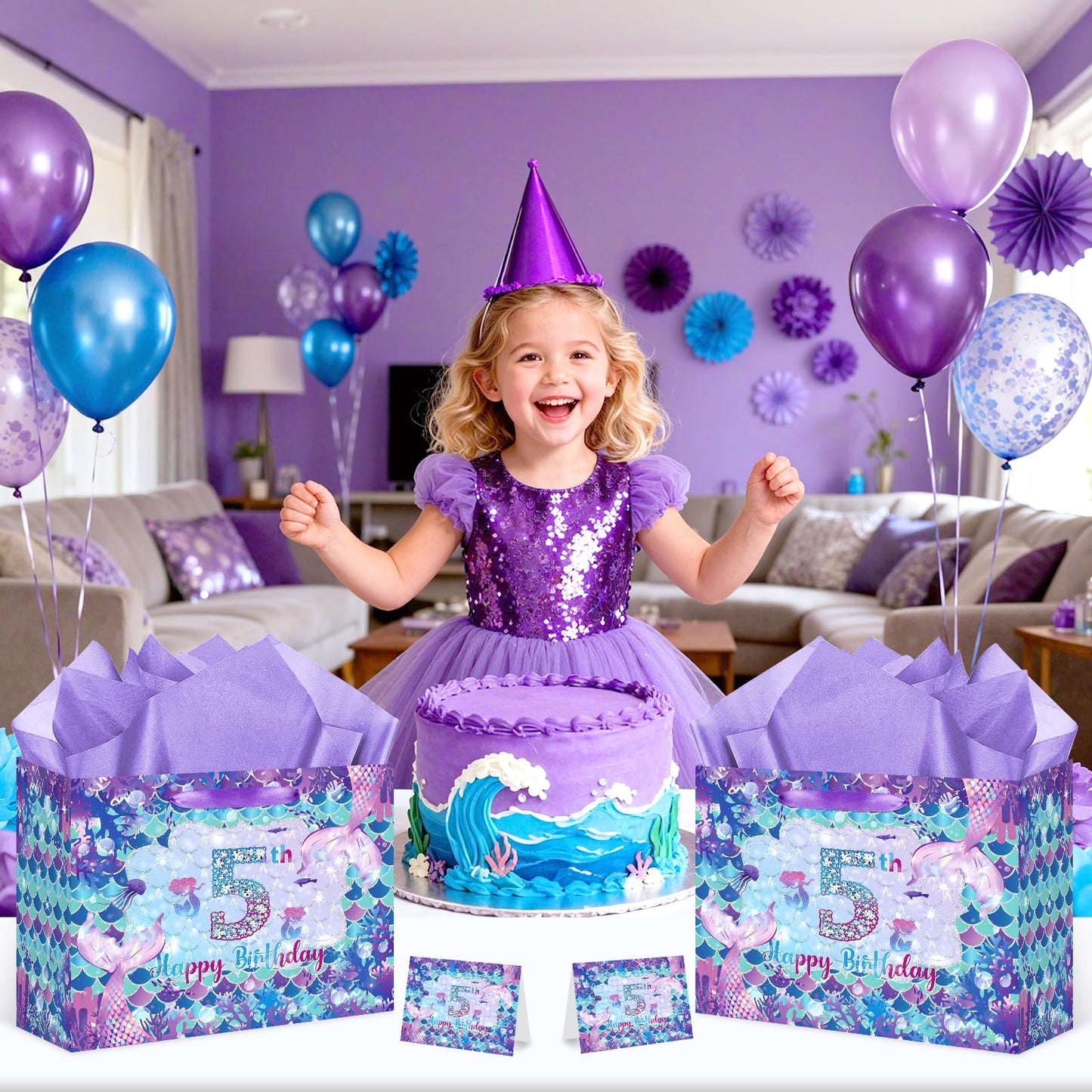 LUUFILx 5th Mermaid Birthday Gift Bag for Girls 5th Purple Mermaid Theme Birthday Wrapping Paper with Tissue Paper Greeting Card Purple Gift Bags with Ribbon Handle for Baby Shower Decor Supplies