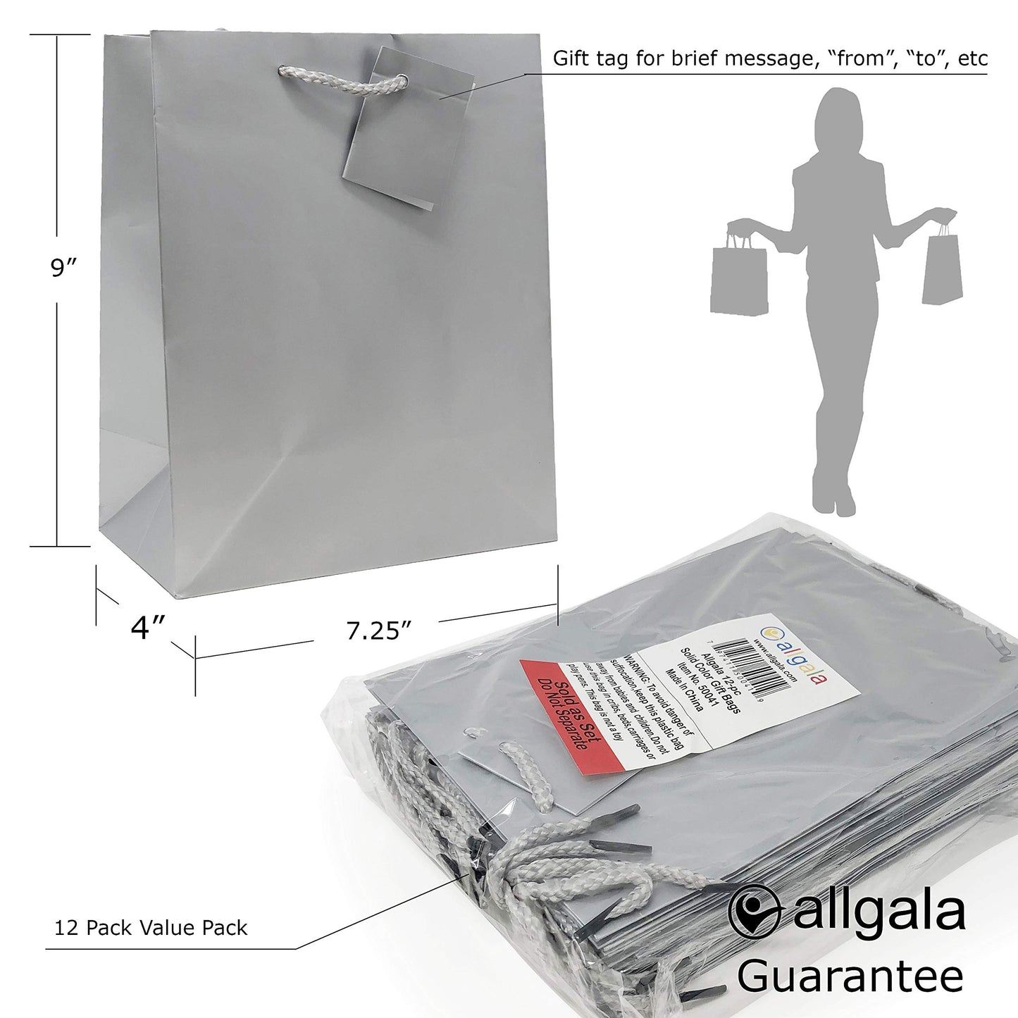 allgala Gift Bags, 12 Pack Durable 9x7x4 Inch Medium Size Silver Gift Bags with Handles for Birthday, Wedding, Party Supplies, Baby Shower, Holidays, Chirstmas