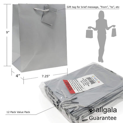 allgala Gift Bags, 12 Pack Durable 9x7x4 Inch Medium Size Silver Gift Bags with Handles for Birthday, Wedding, Party Supplies, Baby Shower, Holidays, Chirstmas