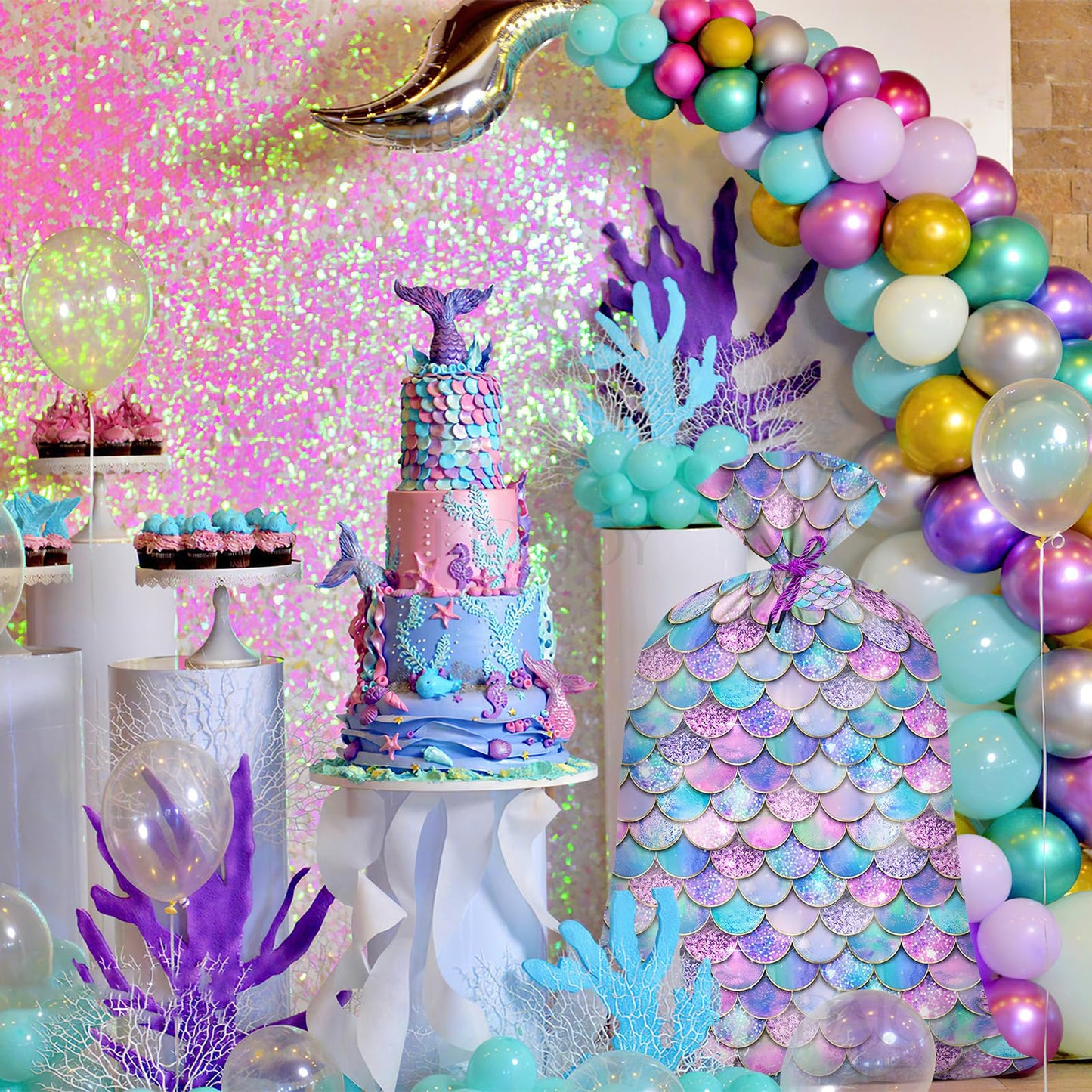 KIDAJOY 1 Pcs Extra Large Plastic Gift Bags Mermaid Rainbow 56"x 36" Jumbo Gift Bags for Baby Girls Mermaid Themed Birthday Party Favors Supplies