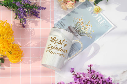 Best Grandma Ever Mug Coffee Gifts Birthday Mothers Day for from Granddaughter Grandson Grandchildren Grandkids 14 Ounce Gift Box with Spoon and Mat Gray