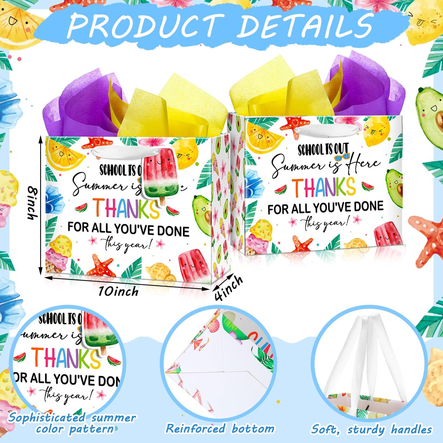 Kolldenn 12 Pcs End of Year Teacher Gifts Appreciation Gift Bag with Tissue Paper 10 x 8 x 4'' Medium Summer Thank You Teacher Wrapping Bag with Tag for Retirement School Year End Appreciation