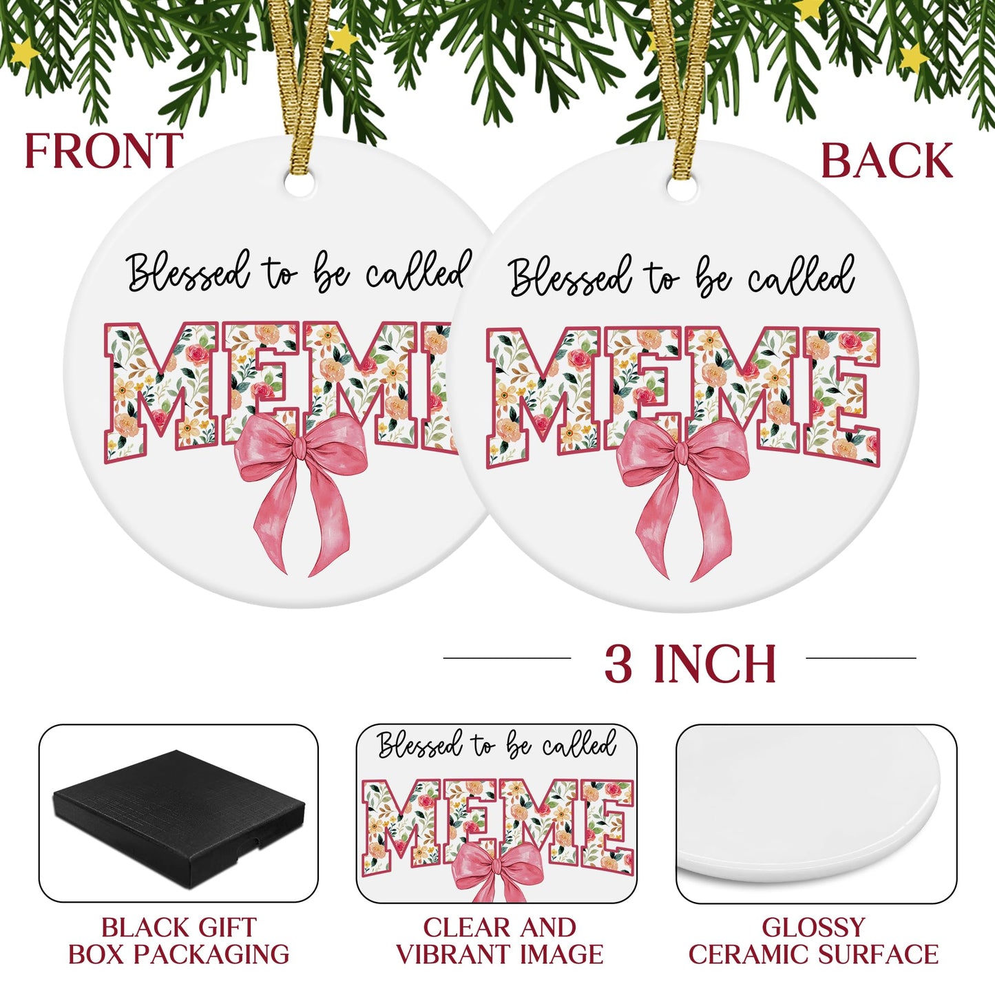 Blessed to Be Called Meme Mothers Day Birthday Christmas Tree Ceramic Ornaments Gifts for Grandma from Grandkids, Grandma Ornaments for Christmas Tree Decorations Gifts for Meme, 3x3Inch