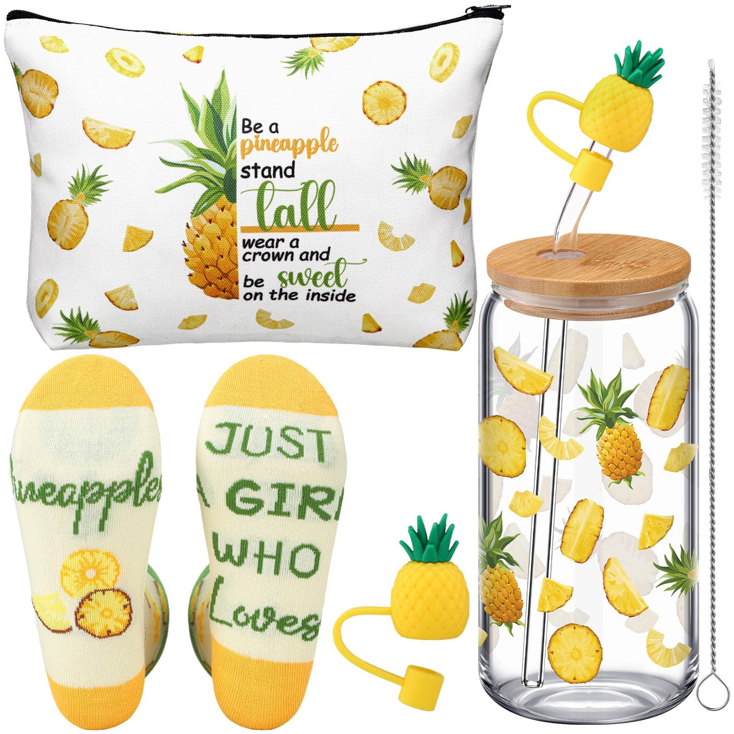 3 Pcs Pineapple Gifts Set for Women Bulk Summer Hawaiian Aloha Gifts for Mother's Day Pineapple Socks 16 oz Cute Drinking Glass Tumbler Cups with Lids and Straws Makeup Bags for Women Birthday Gift