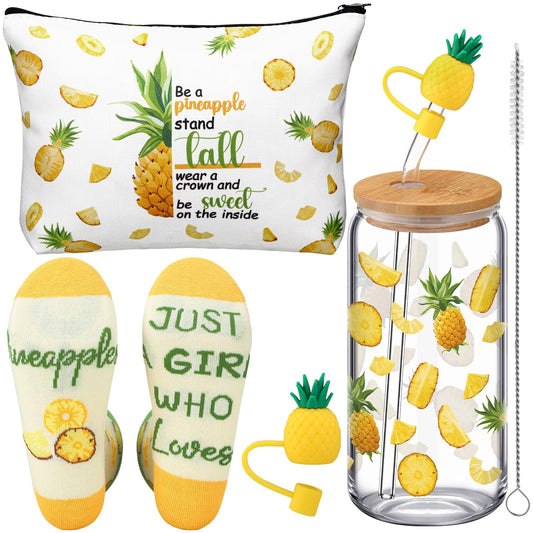 3 Pcs Pineapple Gifts Set for Women Bulk Summer Hawaiian Aloha Gifts for Mother's Day Pineapple Socks 16 oz Cute Drinking Glass Tumbler Cups with Lids and Straws Makeup Bags for Women Birthday Gift