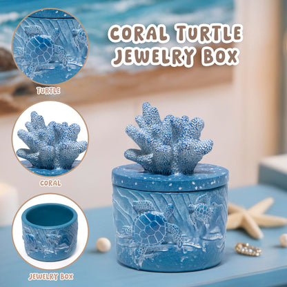 Hodao Ocean Crafts Sea Turtle & Octopus Resin Jewelry Box with Coral Lid - Handmade Organizer for Rings Earrings Necklaces, Blue/White, Ocean-Themed Storage Case Decor Gifts For Women (Blue-Turtle)