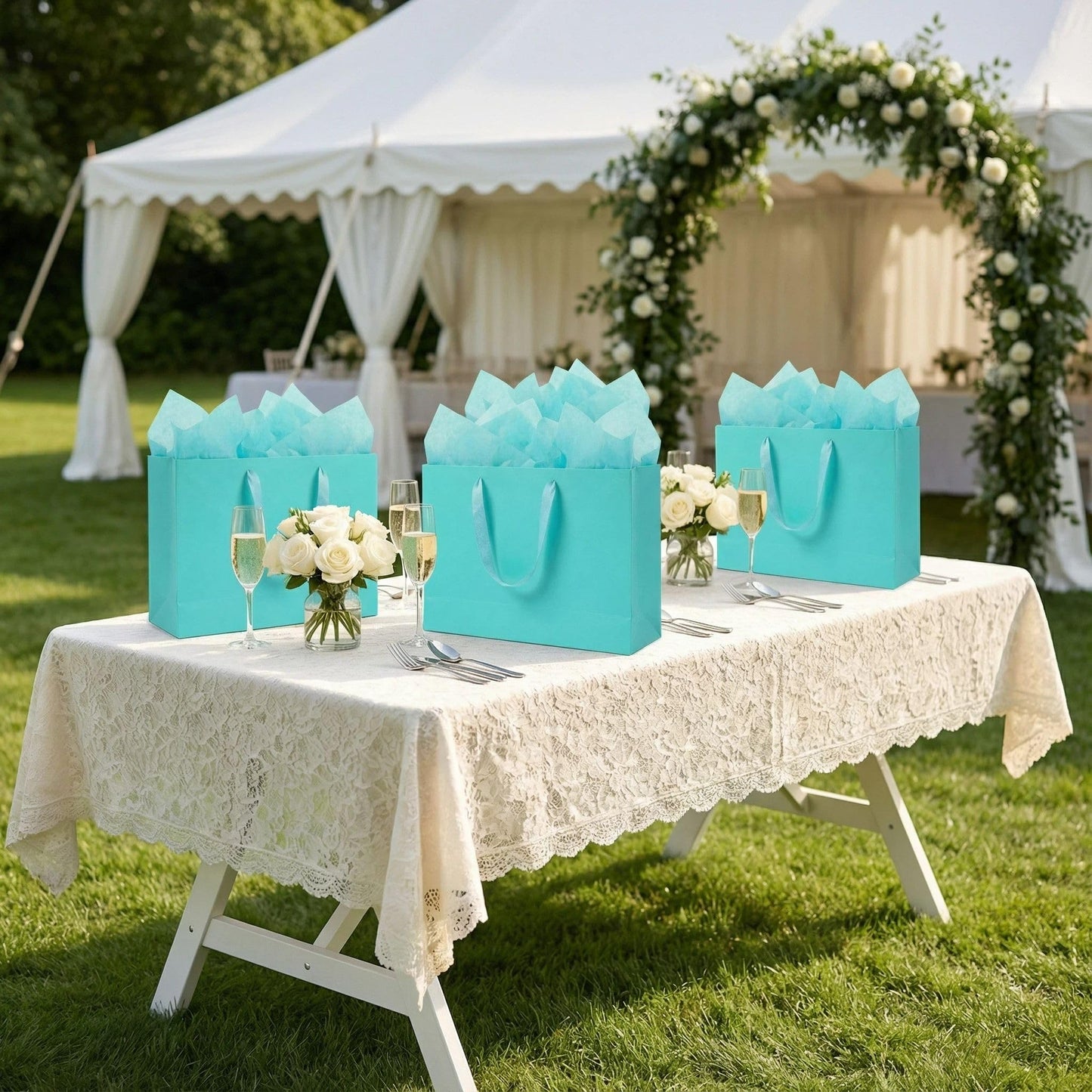 JUNESHE Teal Gift Bags Set of 3, 13.8 inch Paper Bag with Handles Matching Card Envelop Sticker Tissue Paper for Party Shopping Birthday Wedding Anniversary Turquoise