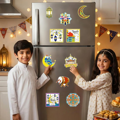 HOWAF 24 PCS Ramadan Crafts Fridge Magnet Kit, Color Your Own Eid DIY Fridge Magnet Include 24 Magnet Paint Pens Eid Mubarak Gifts for Kids Party Supplies Home School Activities