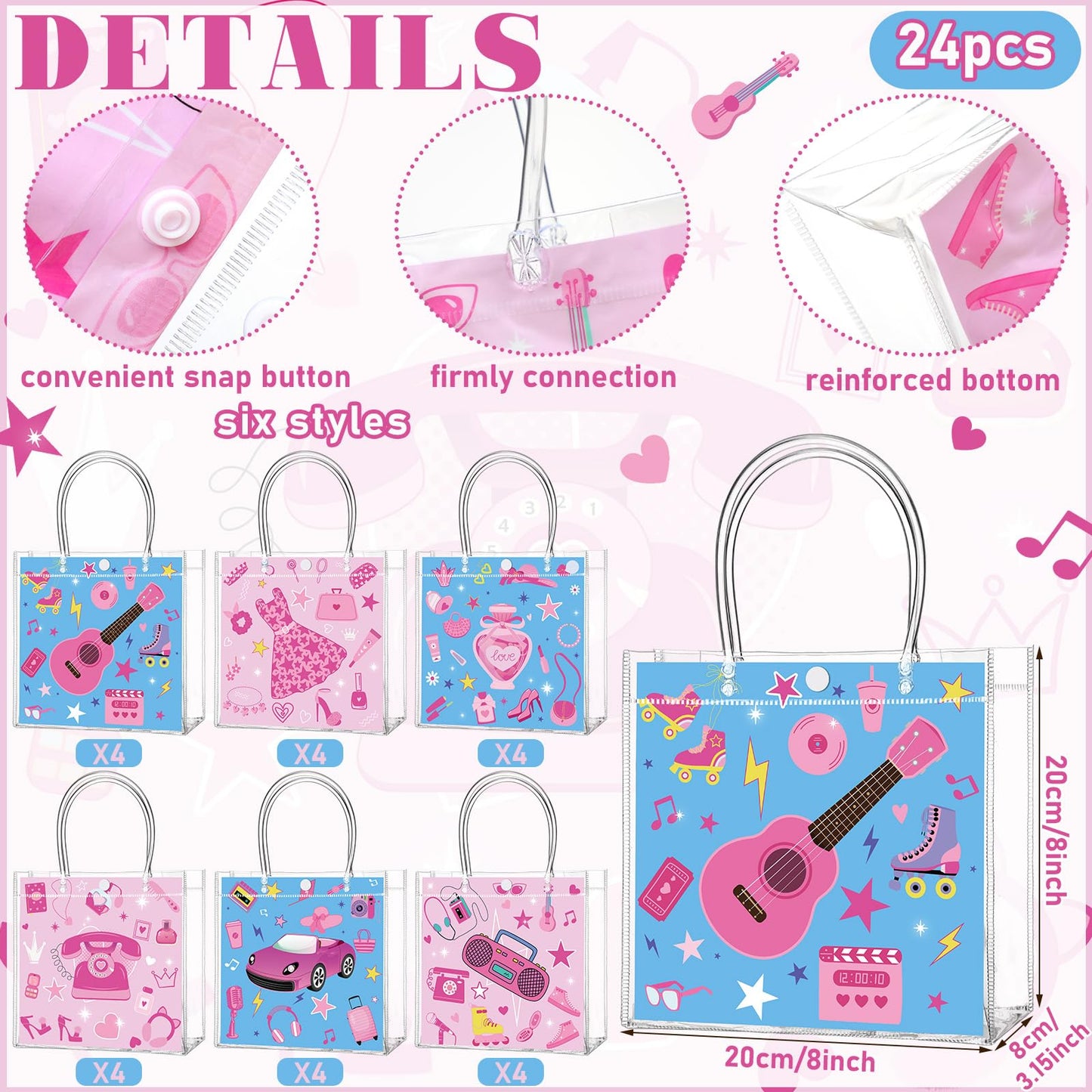Aliceset 24 Pcs Gift Bags with Handle Clear PVC Candy Treat Goodies Tote Bags for Summer Birthday Party Favor Supplies