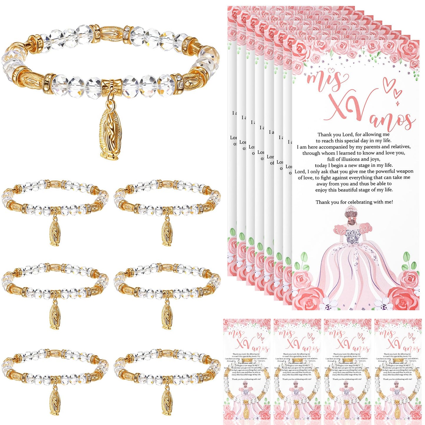 Wenqik 25 Sets Quinceanera Bracelet Favors Mis Xv Anos Crystal Stretch Bracelets with Gold Color Virgin Mary Charm Sweet 15th Birthday Religious Gifts with Thank You Cards