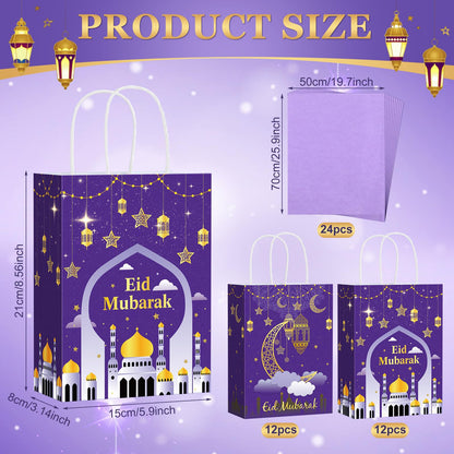 Trandraft 24 Pcs Eid Mubarak Gift Bags with Tissue Paper Ramadan Goodies Happy Eid Treats Bags Muslim Party Favor with Handle for Muslim Supplies Al Fitr Party Decoration(Purple)