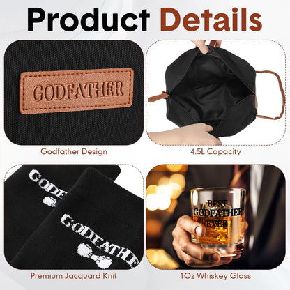 Honeydak 3 Pack Godfather Gift Set for Men Includes Whiskey Glass Funny Godfather Socks and Toiletry Bag with Leather Patch Birthday Proposal Gift from Godchild