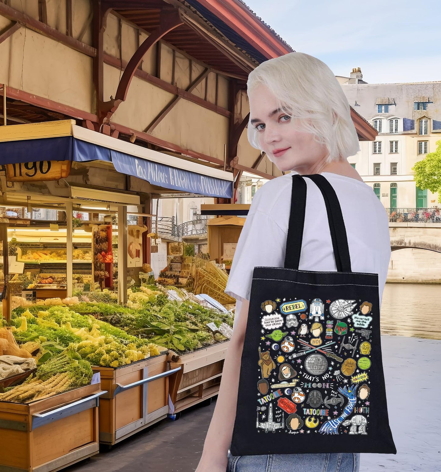 G2TUP Heroes of Galaxy Tote Bag Helmets Inspired Gift Death Star Shoulder Bag Sciences Fiction Merch