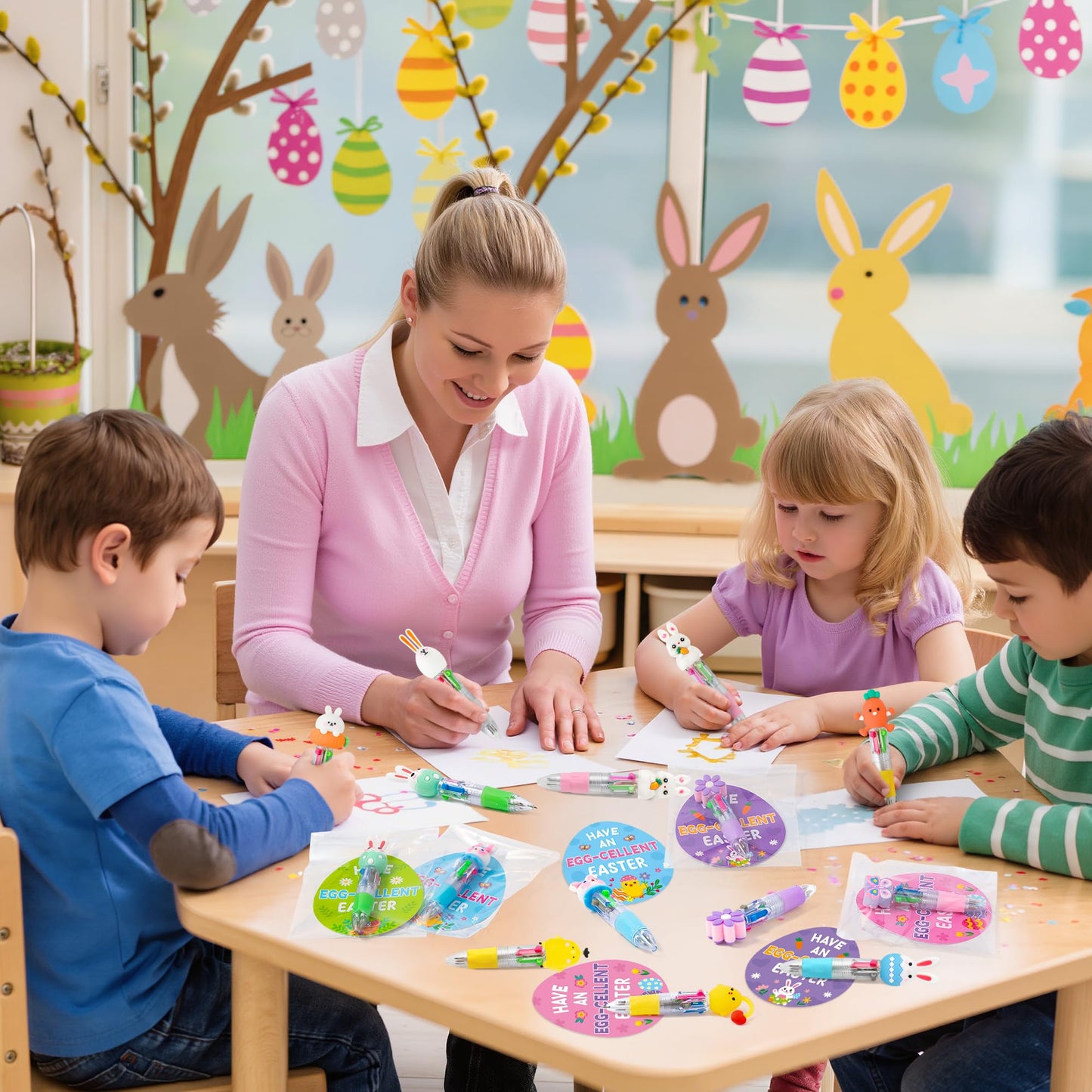 ANGOLIO 84PCS Easter Gifts Bulk Cartoon 4 in 1 Multicolor Ballpoint Pens with Greeting Cards for Easter Party Favors Basket Stuffers Goodie Bag Filler School Supplies Students Rewards Classroom Gifts