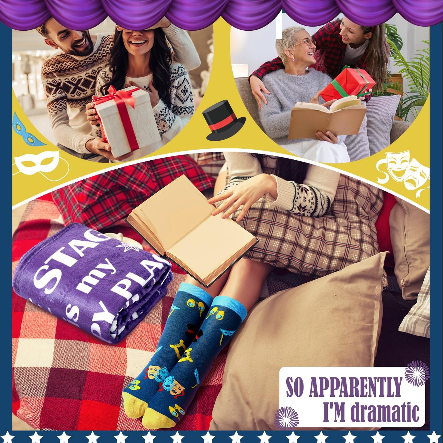 HunnmingRe 2 Pcs Theater Lovers Gifts for Girls Women Men Movie Musical Theater Drama Throw Blankets and Socks Gifts 50" x 60" for Actors Broadway Favors