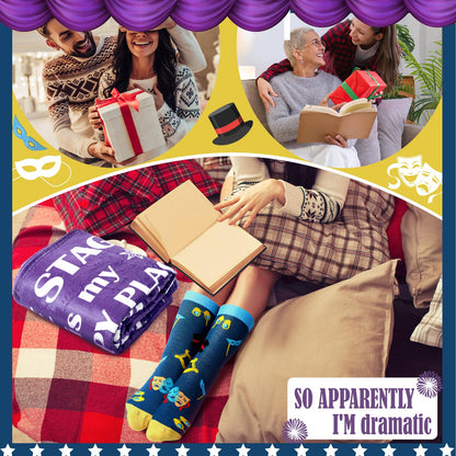HunnmingRe 2 Pcs Theater Lovers Gifts for Girls Women Men Movie Musical Theater Drama Throw Blankets and Socks Gifts 50" x 60" for Actors Broadway Favors