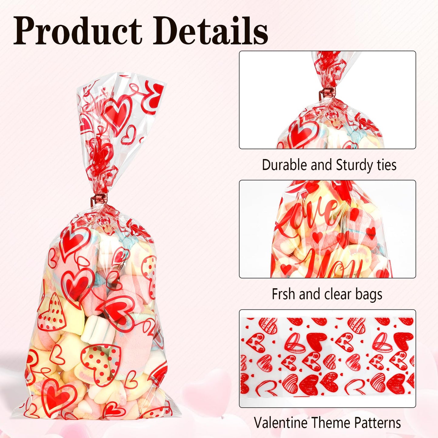Valentine Treat Bags, 100 Pcs Valentines Cellophane Bags, Plastic Clear Red Valentine Candy Cookie Gift Goodie Snack Bag with 100 Pcs Twist Ties for Valentines Wedding Party Favor Supplies, 5 Styles