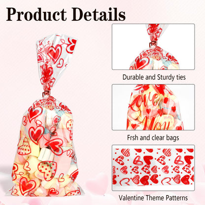 Valentine Treat Bags, 100 Pcs Valentines Cellophane Bags, Plastic Clear Red Valentine Candy Cookie Gift Goodie Snack Bag with 100 Pcs Twist Ties for Valentines Wedding Party Favor Supplies, 5 Styles