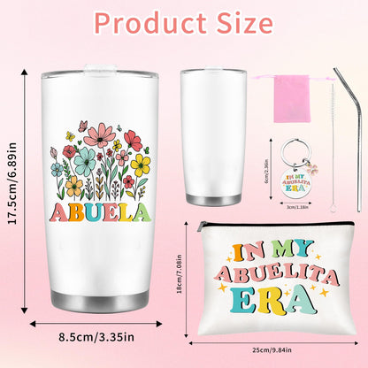 Abuela Gifts Set, Floral Abuelita Tumbler with Straw Cosmetic Bag Keychain Bracelet Set, Regalos para Abuela Gifts for Grandma from Grandkids, Mother’s Day Birthday Mexican Grandma Gifts
