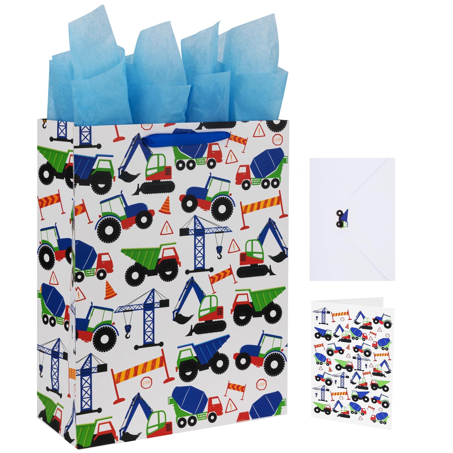 16.5" Extra Large Vehicle-themed Gift Bags Set with Greeting Card and Tissue Paper (Blue Car Design) for Boys, Kids Birthday Party, Baby boy, Baby Shower, Newborn, New Moms or Parents -10.2”x5.2”x13”,