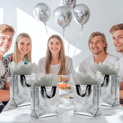 KeerxunBag 12pcs Reusable Gift Bags（Includes Tissue Paper） Gift bag with handle Birthdays Parties Holidays Weddings Medium 10x4x8in silver Gift Bags