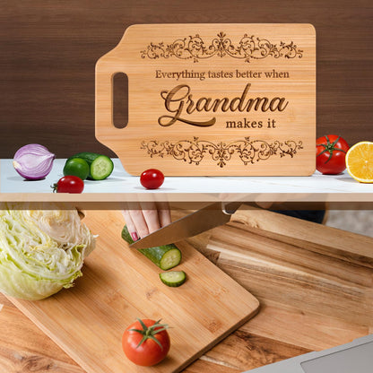 AceThrills Grandma Gifts for Grandma Birthday Gift from Grandkids - Engraved Bamboo Cutting Board 12.3"L x 8.7"W x 0.4"Th (Everything Tastes Better)