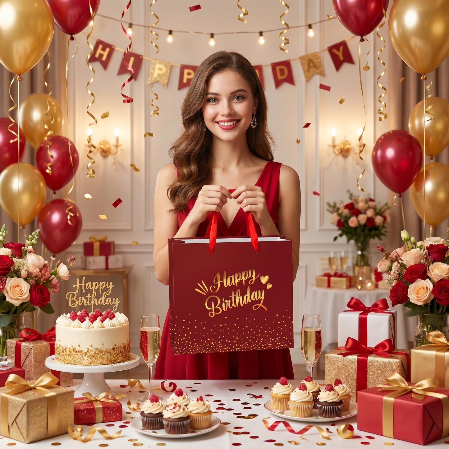 Burgundy Birthday Gift Bag with Tissue Paper Card Large Red Gold Foil Happy Wrapping Paper Bag Elegant Present Bags for Adult Women Men Mum Dad Milestone Birthday Supplies Premium Party Favors Decor