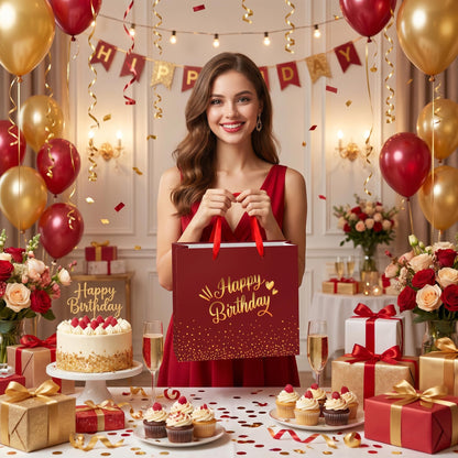 Burgundy Birthday Gift Bag with Tissue Paper Card Large Red Gold Foil Happy Wrapping Paper Bag Elegant Present Bags for Adult Women Men Mum Dad Milestone Birthday Supplies Premium Party Favors Decor