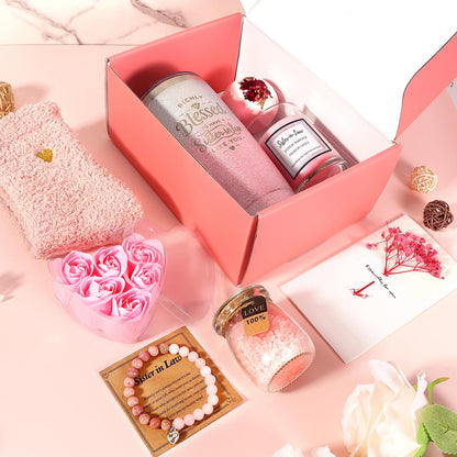 Sister in Law Gifts - Pink Gift Basket Set, Birthday, Christmas, Wedding, Spa Day, Best Gifts for Sister-in-Law, includes Coffee Mug